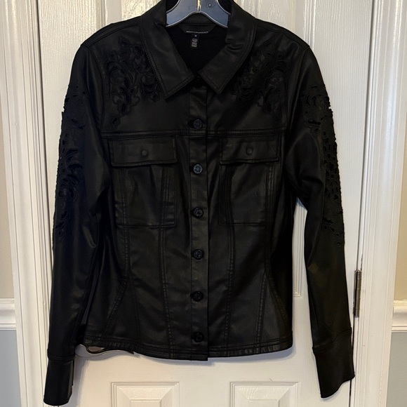 WHBM Black Embroidered Womens coated denim Jacket - Picture 3 of 12